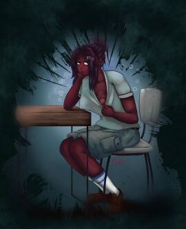 2d bored_expression breasts buddy_froggy casual_exposure chair commission dark-skinned_female dark_hair dark_skin desk female flashing flashing_breasts green_eyes hairclip highres medium_bangs medium_breasts oc original_character ponytail skinny zoya_imani