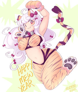 1girls 2022 :3 alternate_version_available artist_name big_breasts breasts english_text female female_focus female_only hair_ornament henemimi light_skin looking_at_viewer mimi_(henemimi) new_year original paw_gloves red_hair smile tail white_background white_hair