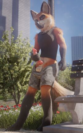 3d animal_genitalia animal_penis anthro balls bench bodily_fluids bottomwear brown_body brown_eyes brown_fur canid canine canine_genitalia canine_penis canis city city_background clothing digital_media_(artwork) dripping flower fur genital_fluids genitals guarez_(johnwulffe) hand_on_penis johnwulffe knot leaning leaning_backward light looking_at_viewer looking_down looking_down_at_viewer male mammal maned_wolf masturbation outside park park_bench penis plant precum precum_drip public public_masturbation red_penis shirt shorts solo solo_male standing sunlight tank_top topwear tree whiskers