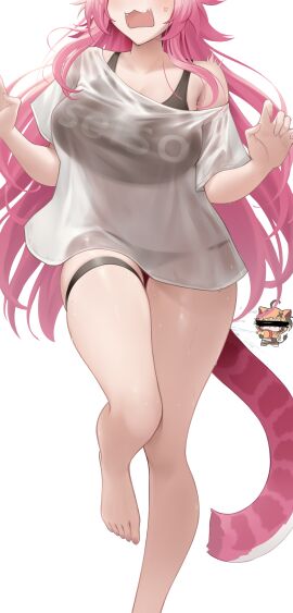 2girls :3 absurdres barefoot black_bra black_panties bra bra_visible_through_clothes breasts censored censored_identity chibi commentary english_commentary foot_out_of_frame gigi_murin gigi_murin_(1st_costume) highres hololive hololive_english large_breasts long_hair multiple_girls no_pants oerba_yun_fang paid_reward_available panties panties_visible_through_clothes pink_hair raora_panthera see-through_clothes see-through_shirt shirt simple_background single_bare_shoulder single_off_shoulder solo solo_focus somebody_(leiking00) standing standing_on_one_leg surprised tail underwear virtual_youtuber water_gun wet wet_clothes wet_shirt white_background white_shirt