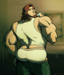 1boy artist_name ass bara biceps drinking facial_hair holding_drink kimi_ga_shine looking_back male male_focus male_only muscular muscular_arms muscular_male pants pants_down pants_pull punk_nautikal q-taro_burgerberg red_eyes red_hair solo solo_male tank_top underwear yaoi your_turn_to_die