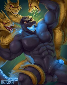 abs anthro balls big_muscles blush dragon duo erection fight genitals ghidorah_(species) godzilla godzilla_(series) hi_res humanoid_genitalia humanoid_penis kaiju kaijurah king_ghidorah male male/male muscles muscular muscular_anthro muscular_male mythological_creature mythological_scalie mythology navel open_mouth pecs penis reptile scalie toho