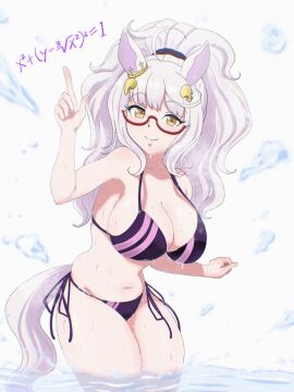 1girls big_breasts biwa_hayahide_(umamusume) breasts cleavage female glasses large_breasts solo solo_focus thick_thighs umamusume umamusume_pretty_derby white_hair wide_hips yellow_eyes