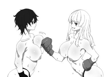 big_breasts boxing boxing_gloves breasts bruise catfight female fight fighting_ring heat huge_breasts original original_characters potepotepotechi punching punching_breasts simple_background staredown sweat sweatdrop sweating sweaty sweaty_body topless white_background yuri