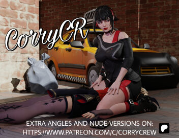 1girl, black_boots, black_choker, black_hair, black_nails, black_skirt, black_top, bob_cut, boots, cg_art, choker, crop_top, curvy, dark_theme, defeated, diamond_pattern, digital_art, epic_games, female, fetish, fortnite, gloves, hand_between_legs, implied_violence, large_breasts, looking_at_viewer, lying_on_ground, makeup, miniskirt, morgan_myst, multicolored_hair, nail_polish, nsfw off_shoulder, pantyhose, purple_eyes, purple_thighhighs, red_belt, red_lipstick, red_soles, red_streaks, ring, seductive, short_hair, sitting, smirk, solo, spread_legs, stockings, teasing,3d, thick_thighs, thighhighs, video_game_character,