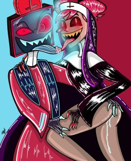 alastor_(hazbin_hotel) hazbin_hotel male nun vox_(hazbin_hotel) yaoi