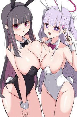 2girls :3 anime_nose bangs big_breasts black_hair blunt_bangs bowtie breast_to_breast breasts bunnysuit chestnut_mouth colored_inner_hair cute_fang detached_collar detached_cuffs fake_animal_ears fake_rabbit_ears female female_only forehead hair_clips hairclip hime_cut huge_breasts inner_hair light-skinned_female light_skin long_bangs oha_(oha_h22) original peace_sign pink_eyes pink_hair pink_hairclip playboy_bunny purple_eyes purple_hair silver_hair top_heavy two_side_up v v_sign wrist_cuffs