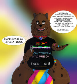 absurd_res alythewolfcat anthro big_bulge bikini bikini_bottom bulge clothing collar collar_tag colored_nails english_text evil_grin femboy fur gun handgun heart_collar_tag hi_res huge_bulge huge_hips hyena hyper hyper_bulge lgbt_pride lgbt_pride_month male mammal markings nails offering_hand pansexual_pride_colors pistol pointing_gun pride_colors pride_month rainbow_pride_colors ranged_weapon smile solo spots spotted_body spotted_fur spotted_hyena swimwear talking_to_viewer text two-piece_swimsuit vincent_lundi weapon what wide_hips