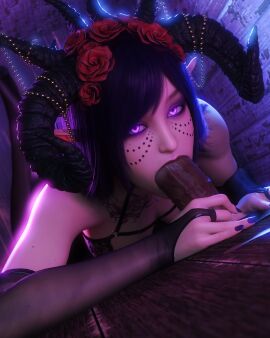 3d black_hair blowjob dark-skinned_male den_3d_art fellatio female interracial male nail_polish oral original original_character purple_eyes rose sheep_girl sheep_horns