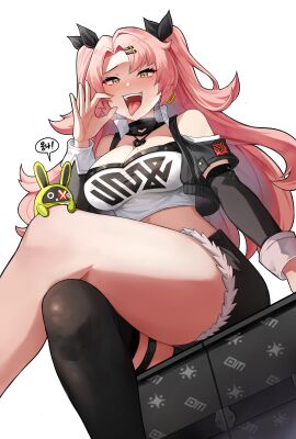 absurdres bangboo_(zenless_zone_zero) barefoot black_ribbon black_shorts breasts cleavage crop_top crossed_legs earrings fellatio_gesture female fur_trim green_eyes hair_ornament heart heart_earrings highres jewelry large_breasts long_hair looking_at_viewer micro_shorts mole mole_on_breast mole_under_eye nicole_demara open_mouth oral_invitation pink_hair ribbon sanfu_(sanfu9800) shorts single_thighhigh sitting smile thighhighs thighs tongue tongue_out twintails zenless_zone_zero