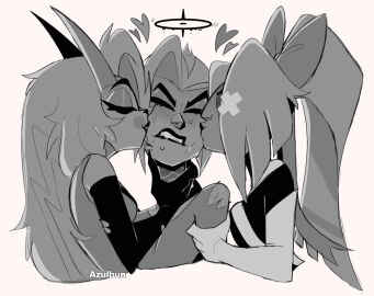 1demon 2angels 3girls about_to_get_sucked_hard angel azulbun battle_suit between_girls biting_lip charlie_morningstar charlie_morningstar_(hazbin_hotel) cheek_kiss cheeks clenched_teeth corruption demon demon_girl demon_horns fallen_angel female female_only fighting_back getting_horny halo hand_on_neck hand_on_throat hazbin_hotel heart interracial_kiss interracial_yuri kisses kissing_cheek lesbian_focus lesbian_pleasure lute_(hazbin_hotel) princess resisting resisting_pleasure secretly_loves_it sexual_torture shipped shipping subordinate sweat sweating teasing threesome torturing trying_to_resist vaggie vaggie_(hazbin_hotel) vivienne_medrano yuri