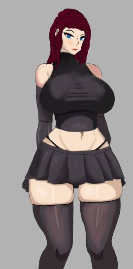 ass belly_button big_ass big_breasts black_hair black_stockings blue_eyes breasts classmate crop_top female leggings looking_at_viewer red_lipstick shiny skirt stockings submissive thong