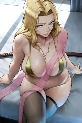 1girls absurdres bare_shoulders bikini bleach blonde_hair blue_eyes breasts cleavage collarbone crossed_legs fat_breasts female flat_belly gold_bikini highres huge_breasts jewelry katana long_hair looking_at_viewer matsumoto_rangiku milf mole_under_mouth necklace parted_bangs sitting solo stockings swimsuit sword thick_thighs thighhighs thighs veiny_breasts voluptuous voluptuous_female weapon yoshi55level yoshio_(55level)