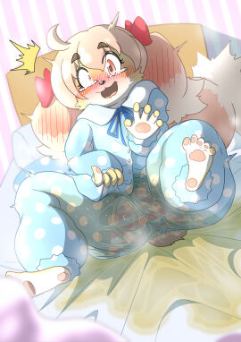 absurd_res accessory anthro bed bedwetting black_nose blush bodily_fluids bottomwear canid canine canis caught_while_peeing clothed clothing domestic_dog female first_person_view fur furniture genital_fluids hair hair_accessory hair_ribbon hi_res itou_sora kemono legs_up lying mammal mttbsmn on_back on_bed open_mouth pajama_pants pajama_shirt pajamas panties pants pawpads peeing peeing_self pink_hair polka_dot_pajamas red_eyes ribbons solo steam surprised tears translucent translucent_bottomwear translucent_clothing underwear urine urine_pool urine_puddle waking_up wet wet_bottomwear wet_clothing wet_pajamas wet_panties wet_pants wet_underwear wetting yellow_body yellow_fur
