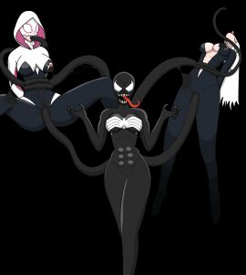 3girls black_cat_(marvel) bound felicia_hardy gwen_stacy oiledupdegenerate orgasm penetration penetration_through_clothes she-venom skintight slime spider-gwen suspended_in_midair symbiote tentacle tongue_out venom venom_(marvel) white_hair