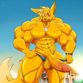 abs balls big_boner big_penis big_tail boner bracelet fennec furry glans male muscles muscular muscular_furry naked neckless orange_fur outdoors pecs penis purple_eyes standing_up taiko-sihori tongue tongue_out wooden_cabin