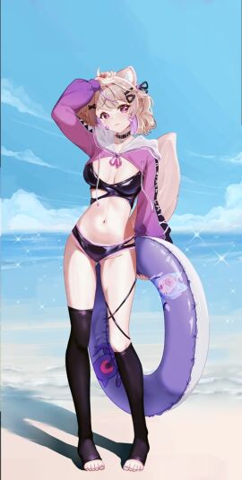animal_ears barefoot beach bikini black_choker black_legwear blue_sky breasts choker cloud day female full_body hair_ornament holding_innertube innertube jacket looking_at_viewer nail_polish navel ocean outdoors ribbon short_hair single_thighhigh sky solo squchan_(vtuber) standing swimsuit tail thighhighs toeless_legwear toenail_polish virtual_youtuber vyugen water