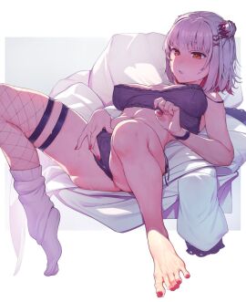 black_bra black_panties bra breasts female female_masturbation fingering fingering_self fingernails fishnet_thighhighs fishnets grey_hair hair_bun hair_ornament hairpin heart heart_hair_ornament highres indie_virtual_youtuber large_breasts lying masturbation nail_polish navel on_back orange_eyes panties rat_huang red_nails simple_background single_hair_bun single_side_bun single_sock single_thighhigh slit_pupils socks solo stomach suou_patra thighhighs toenail_polish toenails underwear virtual_youtuber white_background white_socks x_hair_ornament