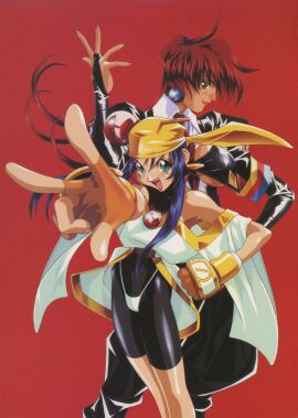 1990s_(style) 2girls absurdres armband bandana blue_hair breasts bridal_gauntlets brooch brown_eyes earrings feet_out_of_frame female fingerless_gloves glint gloves green_eyes highres jewelry juliet_sleeves kotobuki_tsukasa large_breasts lime_(saber_j) lipstick long_hair long_sleeves looking_at_viewer makeup multiple_females multiple_girls nail_polish non-web_source official_art open_mouth outstretched_arm profile puffy_pants puffy_sleeves red_background red_eyes red_hair red_lips red_nails retro_artstyle saber_marionette_j scan shiny_clothes short_hair simple_background small_breasts smile spandex standing teeth thong tiger_(saber_j) underboob upper_teeth