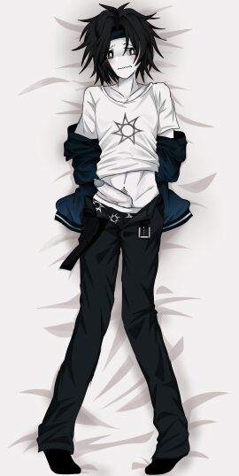 balls blush blushing body_pillow bondage clothed embarrassed erection exposed_penis flustered forsaken_(roblox) jacket_on_shoulders jock_two_time looking_away looking_away_from_viewer male nonbinary nonbinary_(lore) on_back on_bed pants_down penis penis_out precum roblox roblox_game robloxian tied_hands two_time vulnerable