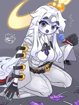 1girls belt big_breasts blue_eyes blush breasts cosplay female friday_night_funkin friday_night_funkin_mod huge_breasts huge_thighs ivory_(yraisel) long_hair lune_(friday_night_funkin) lune_(yraisel) purple_eyes purple_hair smile sweets thighs white_hair white_skin