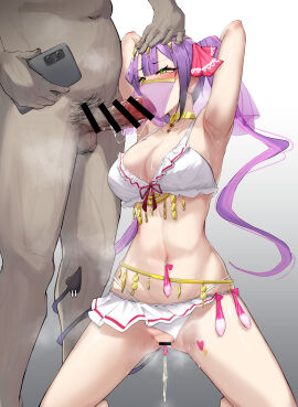 1boy 1girls absurdres arms_behind_head bar_censor bikini bikini_bottom_aside blush breasts cellphone censored cleavage clothed_female_nude_male clothing_aside condom condom_left_inside cum cumdrip dark-skinned_male dark_skin demon_tail fellatio fellatio_under_mask fellatio_under_veil female green_eyes hand_on_another's_head highres holoforce hololive hololive_japan jewelry kneeling large_breasts light-skinned_female light_skin long_hair male mouth_veil nan_box navel navel_piercing nude oral penis phone piercing pubic_hair purple_hair saliva_on_penis smartphone steaming_body sweat swimsuit tail tail_around_another's_leg tail_wrap tokoyami_towa twintails used_condom veil virtual_youtuber white_bikini