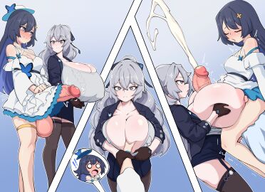 1futa 1girls balls big_balls big_penis blue_eyes blue_hair blush bottomless breasts bronya_zaychik cleavage closed_eyes clothed clothing cum cumshot dmxwoops dress duo ejaculation erection expressionless female futa_on_female futanari gigantic_breasts grey_eyes grey_hair hand_on_breast hat honkai_(series) honkai_impact_3rd huge_breasts huge_cock human intersex large_breasts light-skinned_futa light_skin long_hair looking_at_penis mostly_clothed orgasm paizuri penis seele_vollerei standing stockings