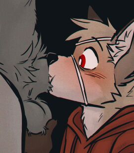 animal_genitalia animal_penis anthro balls balls_grab belly_tuft blush blush_lines canid canine canine_genitalia canis cheek_bulge cheek_tuft claws clothing deep_throat duo ear_markings eye_bags eye_patch eyewear facial_tuft fellatio fluffy_balls fox fur genitals head_tuft hi_res hoodie hybrid inner_ear_fluff male male/male mammal mocha_(redruffs) neck_bulge oral oral_penetration penetration penile penis penis_in_mouth red_eyes sex sheath sheath_play spudnikmutt surprise topwear trigger_tone_(spudnikmutt) tuft wolf yellow_body yellow_fur