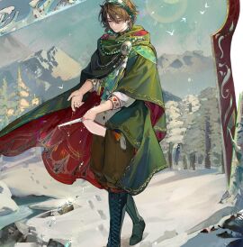 fully_clothed knife_on_hand male outside penis penis_out winter