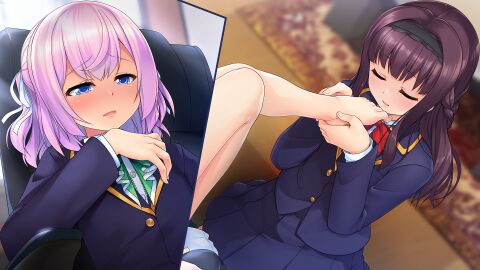 2boys aogiri_penta armchair ayanohara_mikage_(trap_yuri_garden) barefoot blue_eyes blush brown_hair chair closed_eyes eyebrows_visible_through_hair feet femboy foot_fetish foot_worship game_cg hair_ornament hair_ribbon hi_res highres holding_foot homosexual indoors kidou_iori_(trap_yuri_garden) kneeling long_hair maid_headdress male otoko_no_ko pink_hair png short_hair sitting trap trap_on_trap