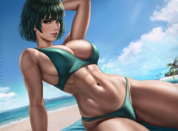 1girls abs absurd_res absurdres arm_support athletic athletic_female bangs bare_arms bare_shoulders bare_skin bare_thighs beach beach_towel big_breasts bikini bikini_bottom bikini_top blush bra breasts busty child_bearing_hips dandon_fuga female female_abs female_focus female_only fit fit_female fubuki_(one-punch_man) green_bikini_bottom green_bikini_top green_bra green_clothes green_clothing green_eyes green_hair high_resolution highres hips huge_breasts large_breasts light-skinned_female light_skin muscular muscular_female navel ocean on_ground one-punch_man panties red_lips red_lipstick sand sea seaside short_hair sitting sitting_down sitting_on_ground slim_female slim_waist smile smile_at_viewer solo solo_female solo_focus stomach summer thick_thighs thighs toned toned_body toned_female toned_stomach tropical underwear water