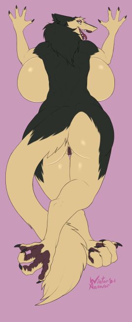 anthro ass big_ass big_breasts big_butt breasts claws dakimakura_design dakimakura_pose dakimakura_style digital_media_(artwork) eyeshadow female finger_claws fur genitals hair hi_res huge_breasts lips looking_at_viewer looking_back looking_back_at_viewer makeup mammal mature_female nude pussy sergal simple_background smile smiling_at_viewer solo tail teeth teeth_showing thick_lips thick_thighs toe_claws tongue tongue_out wide_hips winteranswer