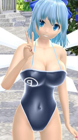 1girls 2023 3d adult_female belly_button blue-haired_female blue_bowtie blue_eyes blue_swimsuit breasts cirno cleavage dark_blue_swimsuit fairy female garden hati_yukkuri_mmd looking_at_viewer mmd one_arm_up outdoors peace_sign smiling_at_viewer solo_female solo_focus swimsuit touhou wings