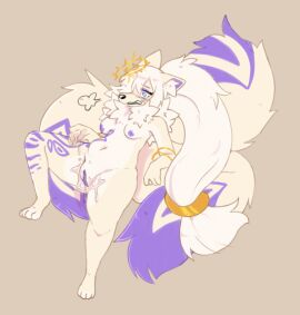 accessory anthro areola bedroom_eyes blush blush_lines bodily_fluids breasts breath canid canine demon female fox fulltimeanimal fur genital_fluids genitals hair hair_accessory hair_ring half-closed_eyes halo hi_res humanoid_genitalia humanoid_pussy mammal markings multi_tail narrowed_eyes neck_tuft nipples nude ponytail purple_areola purple_markings purple_nipples pussy seductive simple_background solo succubus tail tan_background tora_(oolongmatchatea) tuft vaginal_fluids white_body white_fur yellow_body yellow_fur