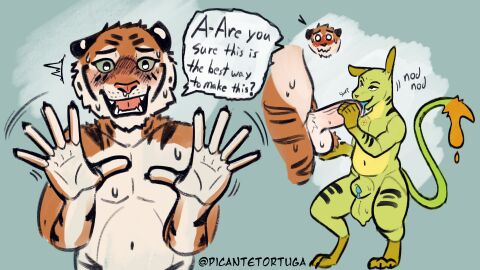 animal_genitalia anthro balls balls_tuft belly blush bodily_fluids dialogue digital_media_(artwork) dipodid dripping duo erection felid feline fellatio fur genital_fluids genitals goo_(disambiguation) goo_creature goo_transformation green_body hair hi_res jerboa male male/male male_penetrating mammal nervous nodding nude open_mouth oral orange_body orange_fur pantherine penetration penile penis picantetortuga precum rodent sex sheath simple_background slime speech_bubble stripes sweat tail teeth text tiger tongue transformation transformation_through_magic transformation_through_sex tuft white_body white_fur