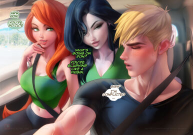 1boy 2girls belt belt_buckle big_breasts black_hair blonde_hair blush breasts closed_eyes dialogue disney english_text female ginger_hair green_eyes human kim_possible kimberly_ann_possible long_hair male multiple_females multiple_girls ron_stoppable sakimichan shego short_hair sweat text