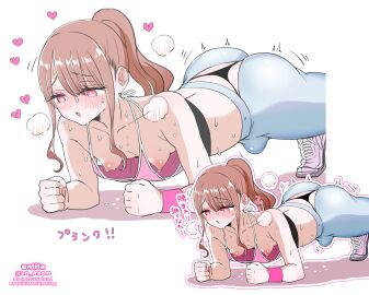 ass big_ass brown_hair bulge bulge_through_clothing femboy gym gym_uniform heart highres leotard long_hair male motion_lines nagano_rira nipples otoko_no_ko planking ponytail red_eyes shoes sweat sweating thong training trap white_background