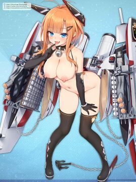 1girls anchor azur_lane bell_collar black_gloves black_thighhighs blue_background blue_eyes breasts cheeky_smile discord_logo female foxhound_(azur_lane) foxhound_(retrofit)_(azur_lane) gloves hair_ornament hips large_breasts midriff mofumochii naval_gun nipples nude nude_edit nude_female orange_hair patreon red_hair royal_navy_(azur_lane) simple_background smile smiling smiling_at_viewer thick_thighs thighhighs thighs third-party_edit tongue tongue_out wide_hips x_logo