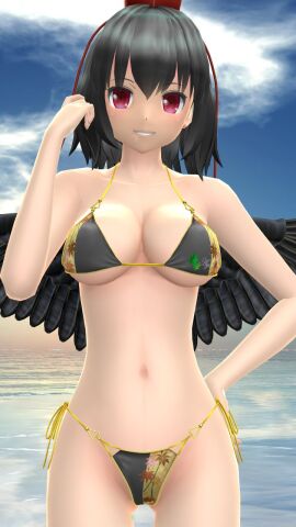 1girls 2023 3d beach belly_button bikini black-haired_female blue_sky breasts cleavage clouds female hand_on_hair hand_on_hip hat hati_yukkuri_mmd headwear light-skinned_female light_skin looking_at_viewer mmd one_arm_up outdoors red_eyes shameimaru_aya short-haired_female sky smiling_at_viewer solo_female solo_focus sunset swimsuit tengu tokin_hat touhou waist water
