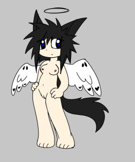 1girls 2024 2d acidneko black_hair blue_eyes breasts completely_nude female female_only fox_ears grey_background halo navel nipples nude nude_female oc original_character pussy solo solo_female tail wings