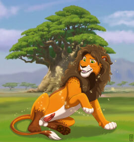 animal_genitalia animal_penis balls cheek_tuft digital_media_(artwork) erection facial_tuft fangs felid feline_genitalia feline_penis feral fur genitals happy hi_res landscape lion male mammal mane nature open_mouth orange_body orange_fur outside pantherine pawpads paws penile_spines penis plant priestofjashin raised_leg savanna sheath signature sitting smile solo sparkles tail teeth tree tuft whiskers