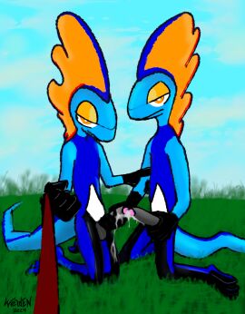 2024 3_toes 5_fingers absurd_res amphibian angry anthro aroused balls beckoning bedroom_eyes black_skin blue_body blue_skin closed_smile cloud cocky collar cum cum_drip cum_dripping_from_penis cumshot day diamond_(marking) dominant dominant_anthro dominant_male duo erection extended_arm eyelids facing_each_other feet field foreskin frill_(anatomy) front_view frottage frown frowning_at_viewer frustrated full-length_portrait glistening grabbing grass grass_field grey_penis half-closed_eyes handjob head head_crest head_frill hi_res holding_leash holding_object holding_penis inteleon interspecies intraspecies inviting kneeling larger_male leash lizard male male/male markings masturbation membrane_(anatomy) membranous_frill nintendo nude nude_anthro nude_male on_grass on_ground orgasm penile penile_masturbation penis penis_grab penis_on_penis pokemon pokemon_(species) pokephilia reptile restraints rubbing rubbing_penis scalie sex simple_coloring sitting sitting_on_ground sitting_on_knees sitting_sex sitting_up size_difference sly small_waist smile smiling_at_viewer stare story stripes submissive swordfight tail tips_touching toony toony_eyes uncircumcised welden_(artist)