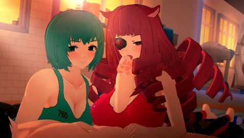 1boy 2girls annoyed big_breasts blush breasts cat_ears cyan_hair drill_hair female gym gym_clothes koikatsu large_breasts long_hair looking_at_another male medium_hair naked paizuri precum red_hair saliva sei_asagiri smile spiritofrei stella_hoshii tagme va-11_hall-a
