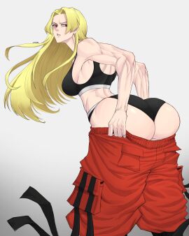 1girls ass big_ass big_breasts big_butt breasts clothed clothed_female female jujutsu_kaisen light-skinned_female light_skin limn044 looking_at_viewer looking_back muscular muscular_female sports_bikini sports_bra sportswear thick_ass thick_thighs undressing yuki_tsukumo