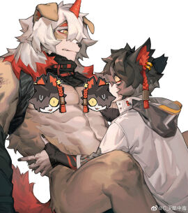 2boys aak_(arknights) abs absurdres arknights bara braid censored chinese_commentary clothes_lift coat colored_tips commentary_request creamyghost earrings furry furry_male gay gay_male highres hood hood_down hooded_coat horns hung_(arknights) jewelry looking_at_another looking_at_viewer male male_focus multicolored_hair multiple_boys multiple_males muscular muscular_male no_pants pectorals shirt shirt_lift single_horn sleeveless sleeveless_shirt watermark weibo_watermark white_background white_coat yaoi
