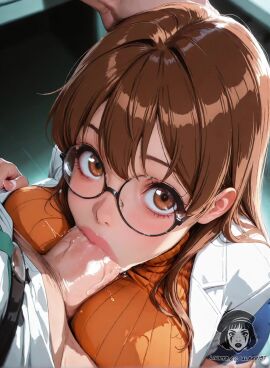 1boy 1girls ai_generated ai_video alberist anime_style big_eyes brown_eyes brown_hair close-up closed_eyes clothed cum_in_mouth cum_on_breasts cum_on_penis fellatio girthy_penis glasses hand_on_head hands-free huge_breasts labcoat large_breasts large_penis long_hair looking_at_viewer mouse_(series) oral orange_sweater ribbed_sweater straight tagme thick_lips turtleneck_sweater video white_coat yayoi_kuribayashi zoom_in