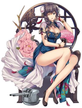 ;d azur_lane bangle bare_legs black_background black_footwear black_hair blue_dress blue_eyes blush bracelet braid breasts brown_hair bun_cover cannon cg china_dress chinese_clothes cleavage cleavage_cutout clothing_cutout curacoa_(azur_lane) curacoa_(eastern_grace)_(azur_lane) double_bun dress female flats floral_print flower folding_fan full_body gold_trim hair_between_eyes hair_bun hair_ornament hair_over_shoulder hand_fan hand_up high_heels holding holding_fan jewelry large_breasts lattice long_hair looking_at_viewer machinery official_alternate_costume official_art one_eye_closed open_mouth pelvic_curtain pink_flower rigging shiny_skin shoes short_sleeves side_braid side_slit sidelocks simple_background single_braid sitting smile solo tassel thighs transparent_background turret