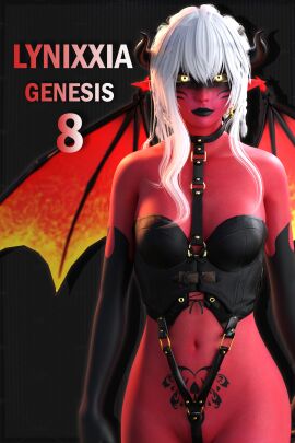 1girls 3d crotch_tattoo daz_studio demon_girls demon_wings female female_only horns original red-skinned_female red_skin solo tattoo white_hair wings zeppers