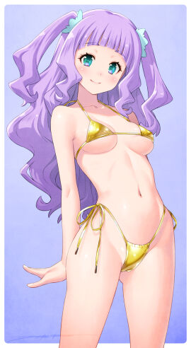 1girls aged_up belly_button breasts ellee-chan female female_only golden_bikini golden_week hirogaru_sky!_precure kazuma_muramasa light-skinned_female light_skin precure pretty_cure princess purple_background purple_hair purple_theme solo toei_animation