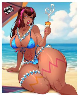 1girls alternate_version_available artist_logo ass beach beach_towel beach_umbrella big_ass big_breasts big_butt bikini bottom_heavy breasts breasts_bigger_than_head brown_hair bubble_ass bubble_butt clothing curvaceous curvy curvy_figure dark-skinned_female dark_skin emis_art erect_nipples erect_nipples_under_clothes female female_only hourglass_figure huge_ass huge_breasts lipstick long_hair mostly_nude nipples ocean ocean_background open_mouth original pink_eyes pink_highlights pink_lipstick pink_nails pubic_tattoo puffy_lips pussy pussy_outline slim_waist solo solo_female sunscreen tattoo thick_thighs umbrella voluptuous voluptuous_female wide_hips